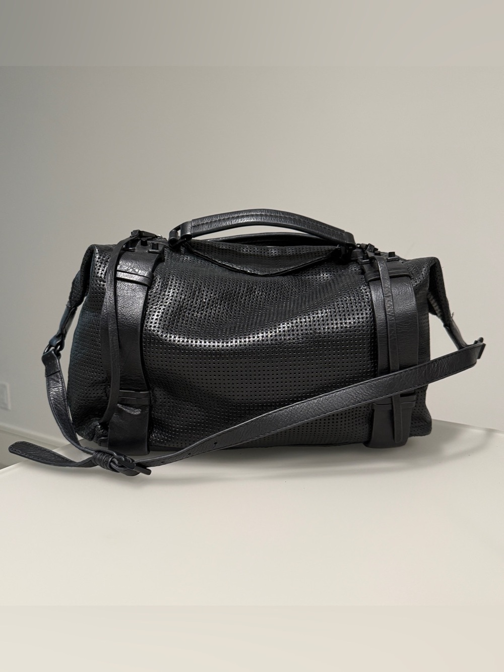 Women’s She + Lo, Black Perforated Leather Satchel Bag with Adjustable Strap - Picture 2 of 10